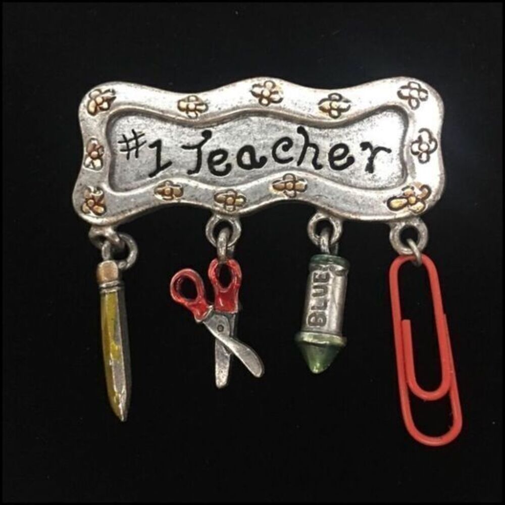 Vintage #1 Teacher Metal Enamel Brooch With Charms Signed AJMC